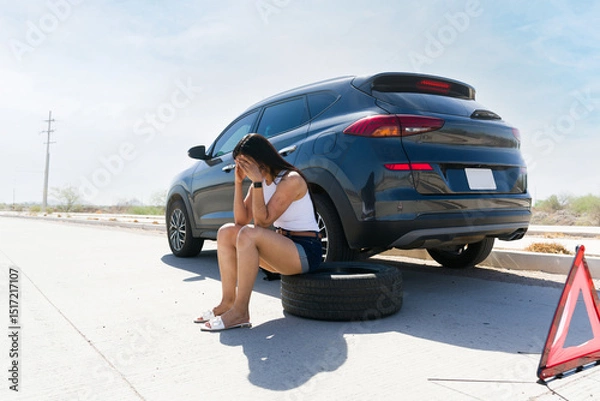Obraz Upset woman waiting for roadside assistance after car breakdown on highway