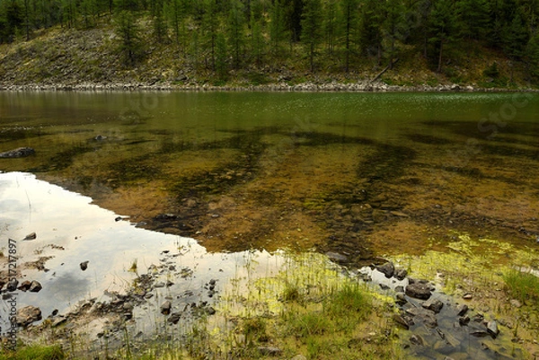 Obraz Reflection of a high mountain with dense taiga in the calm transparent water of a picturesque lake on a cloudy summer day.