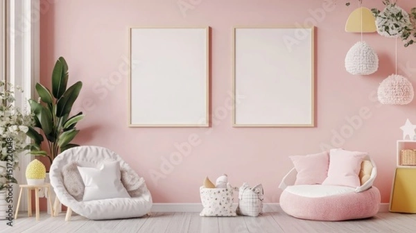 Obraz mock up poster frame in baby girl room scandinavian style interior background 3D render 3D illustration