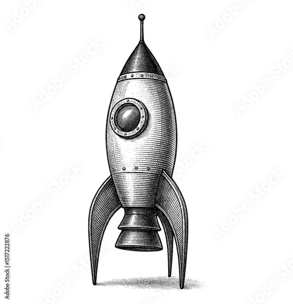 Fototapeta Engraved Style Illustration of a Rocket with Detailed Lines in Black and White Isolated