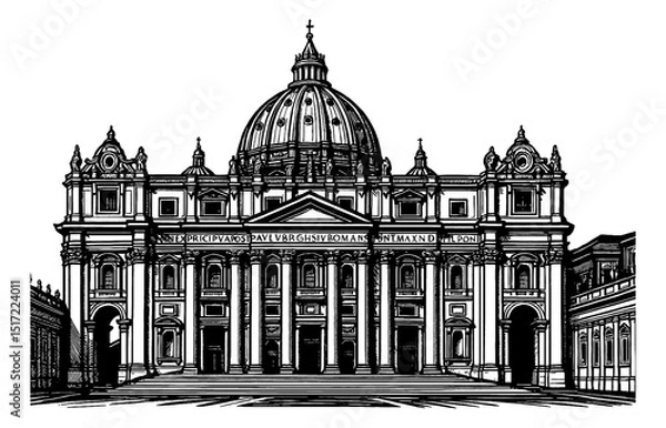 Fototapeta Detailed Engraving of St Peter's Basilica with Dome and Facade in Black and White