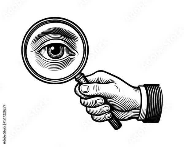 Fototapeta Engraved Illustration of a Hand Holding a Magnifying Glass with an Eye Inside