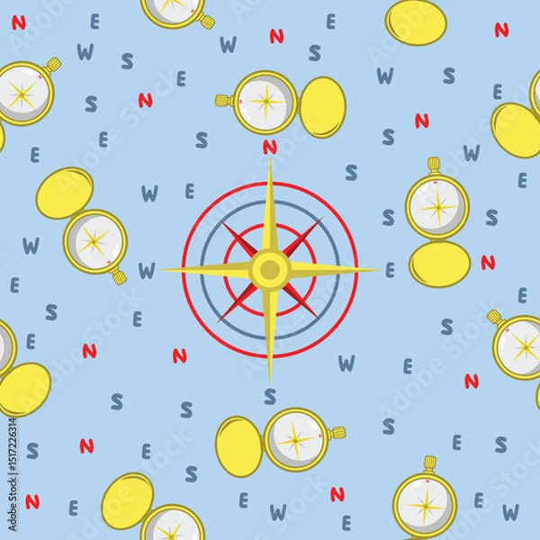 Obraz Cute cartoon seamless pattern with compass and cardinal directions on blue background