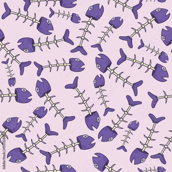 Obraz Seamless pattern with purple fish skeleton in flat style, on light purple background, suitable for print and wallpaper