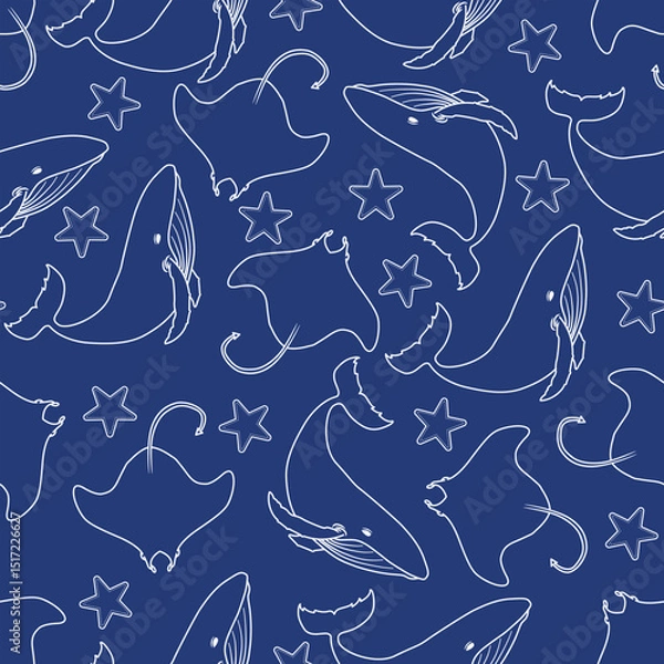 Obraz A seamless pattern featuring white outlines of whales, stingrays, and starfish on a dark blue background