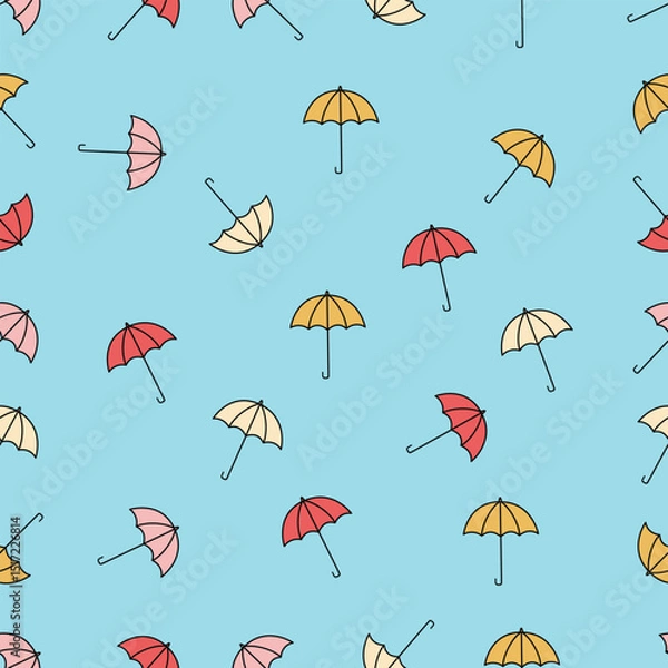 Obraz Seamless Pattern With Pastel Style Umbrellas, on a light blue background, for print or wallpaper