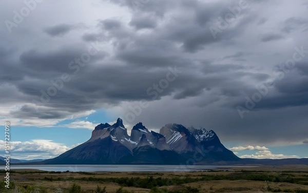 Obraz A scenic view of mountains and water under a cloudy sky in torres del paine chile
