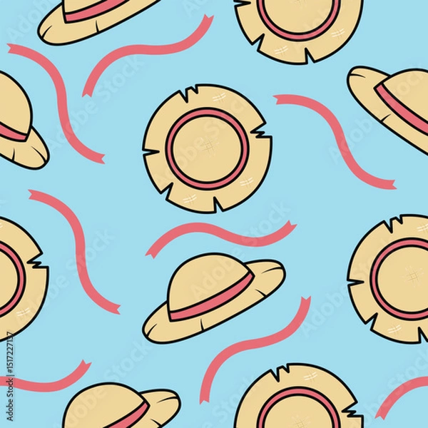 Obraz seamless Pattern Features Cartoon Straw Hats And Ribbons Against A Vibrant Light Blue Background