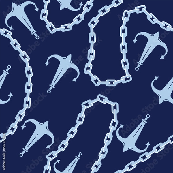 Obraz seamless Pattern Featuring Light Blue Anchors And Chains On A Dark Blue Background