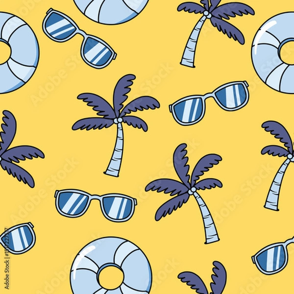 Obraz Summer Elements Seamless Pattern, Sunglasses Palm Trees And Swimming Rings On Light Beige Background