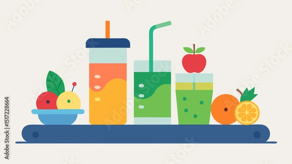 Fototapeta Hydration Station A stylish hydration station that features a row of colorful smoothie and juice options with fruits and vegetables arranged aesthetically highlighting the