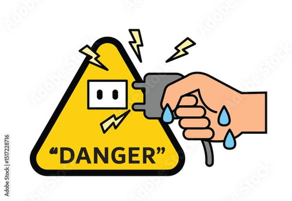 Fototapeta Danger Electric Shock, Wet Hand Plugging into Power Socket Warning Icon, vector design