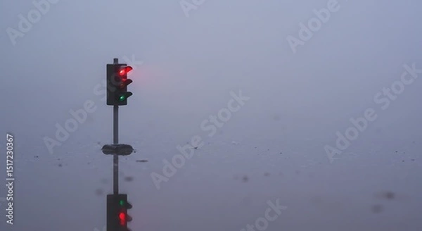 Fototapeta Foggy Intersection Traffic Light Reflecting in Puddles