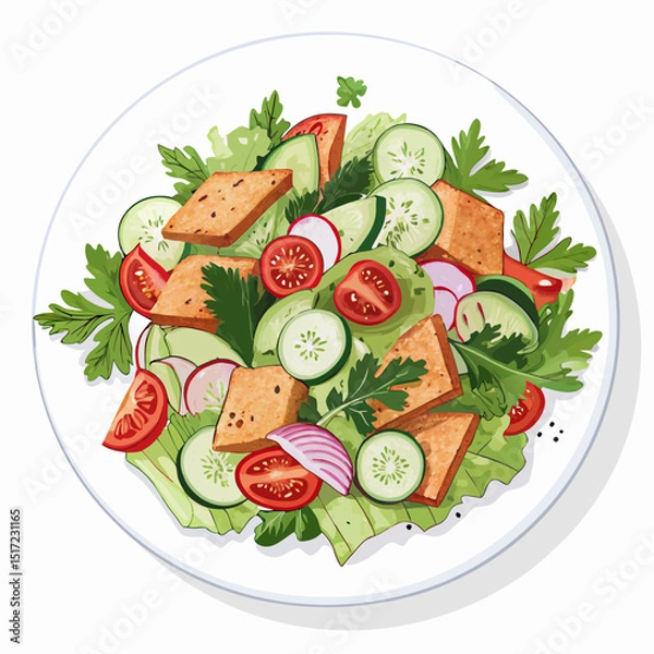 Fototapeta Create a bold, vector illustration of a vibrant fattoush salad on a plate, emphasizing the crisp textures and fresh ingredients.