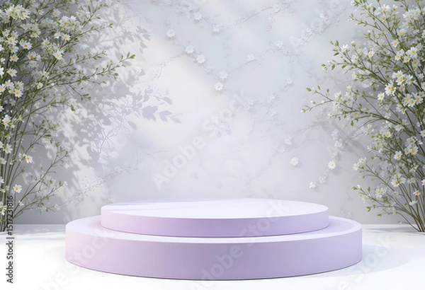 Obraz Lavender Round Podium with White Floral Arrangement on Both Sides

