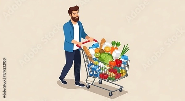 Obraz Man Pushing Grocery Cart Filled with Food and Household Items