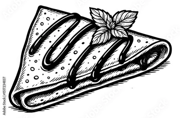 Fototapeta Hand Drawn Crepe Topped with Chocolate Sauce and Mint Leaves Detailed Black and White