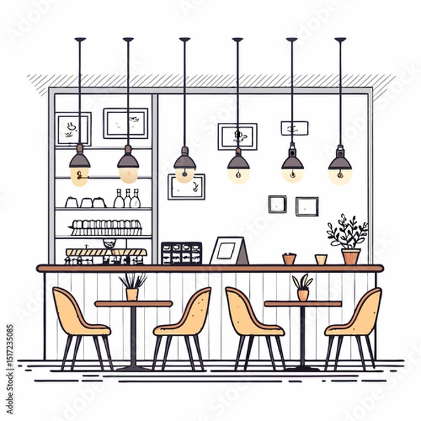 Fototapeta Design a bold, vector illustration of a trendy coffee shop interior, showcasing key features like seating, counter, and coffee-making equipment.
