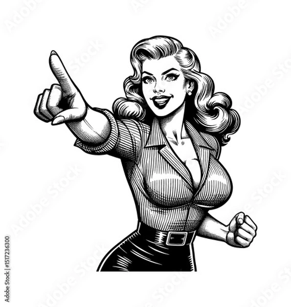 Fototapeta Smiling Businesswoman Pinup Pointing Upward in Black and White Vintage Engraving Style