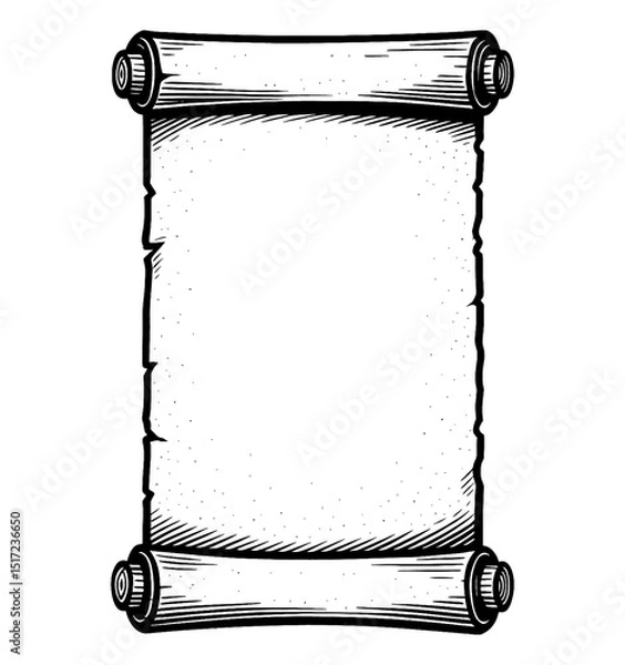 Fototapeta Vintage paper scroll with rough edges, black and white drawing illustration style