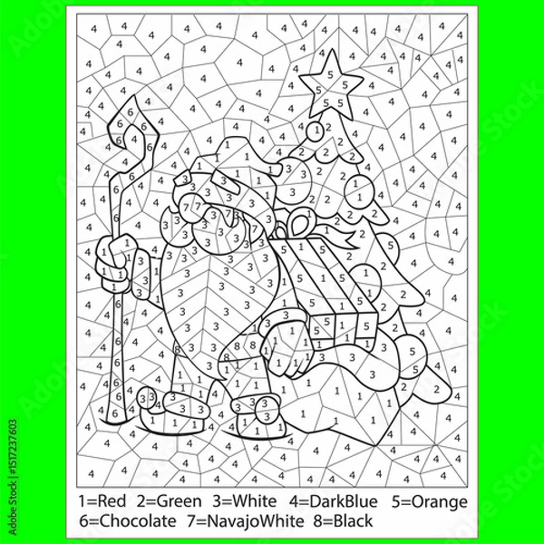 Fototapeta Vector Christmas color by number activity with cute kawaii Santa Claus with sack. Winter holiday scene. Black and white counting game with Saint Nicolaus, bag, presents. New Year coloring page for kid