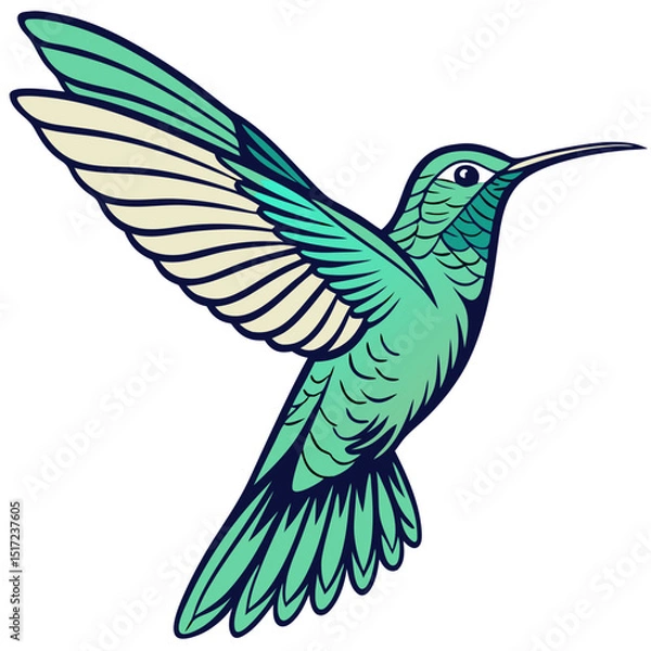 Fototapeta Illustration of a teal hummingbird with wings spread isolated on a white plain background image design