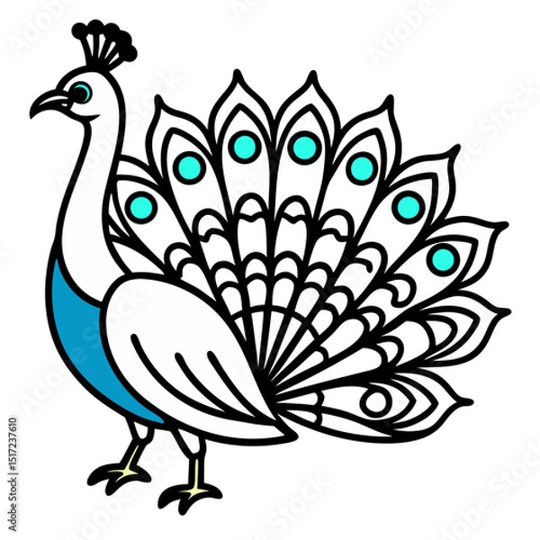 Fototapeta Illustration of a peacock with white feathers and a blue patch on its chest and tail feathers