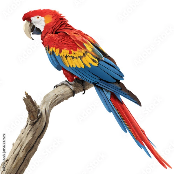 Fototapeta A vibrant macaw perched gracefully on a weathered branch showcasing its colorful plumage in vivid detail