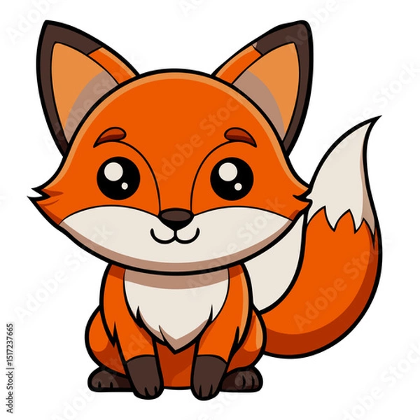 Fototapeta Illustration of a charming orange fox with a fluffy tail sitting down and looking forward with big eyes