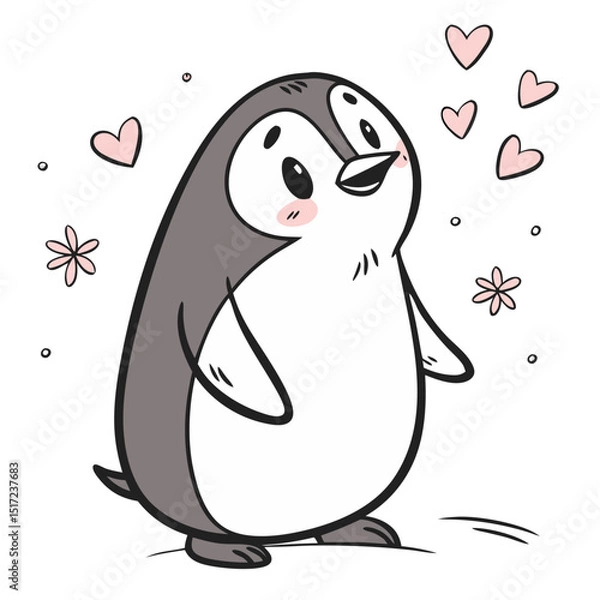 Fototapeta Illustration of a cartoon penguin surrounded by hearts and flowers on a white background view from below