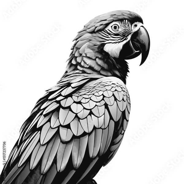 Fototapeta Detailed illustration of a macaw showing its feathers and beak in a side profile view of the animal