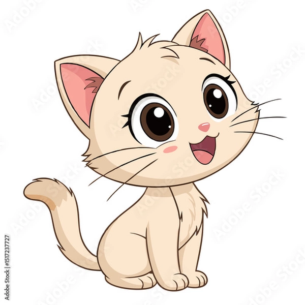 Fototapeta Cartoon illustration of a light colored kitten with big eyes and a happy expression sitting down nicely