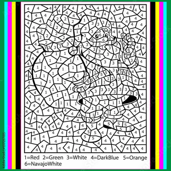 Fototapeta Vector Christmas color by number activity with cute kawaii Santa Claus with sack. Winter holiday scene. Black and white counting game with Saint Nicolaus, bag, presents. New Year coloring page for kid