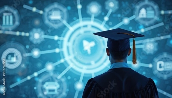 Fototapeta Graduate wearing cap with graduation robe looking forward. Digital background, tech opportunities, career planning concepts. Vision of future tech, success in education and career.