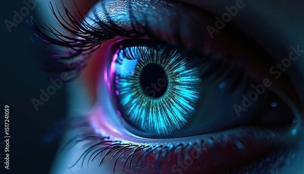 Obraz Close-up of abstract AI-generated eye with vibrant blue, green iris. Detailed human eye, sharp focus, with reflection, light. Artificial intelligence concept vision research, future, digital design.