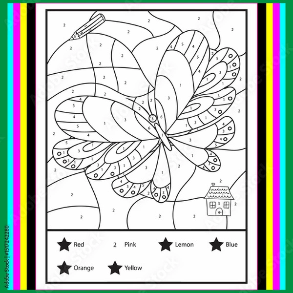 Fototapeta Color by numbers - addition and subtraction worksheet for education. Coloring book. Solve examples and paint butterfly in sky. Math exercises worksheet. Developing counting learn. Print for kids