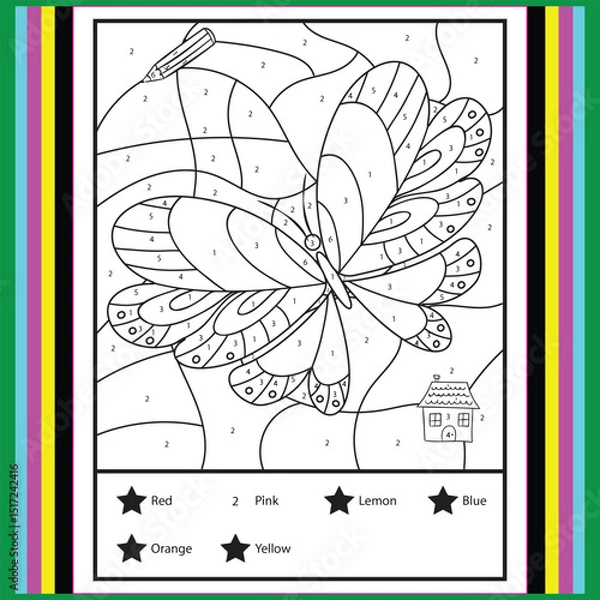 Fototapeta Color by numbers - addition and subtraction worksheet for education. Coloring book. Solve examples and paint butterfly in sky. Math exercises worksheet. Developing counting learn. Print for kids