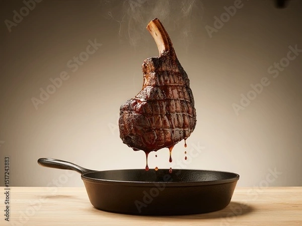 Fototapeta Juicy Grilled Tomahawk Steak Dripping in Cast Iron Pan on Wooden Table â€“ Delicious Culinary Concept