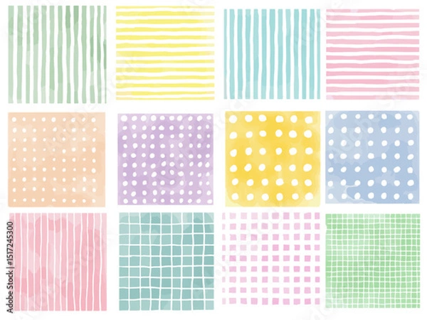 Fototapeta  手描きあしらいセット　四角　水彩　パターン