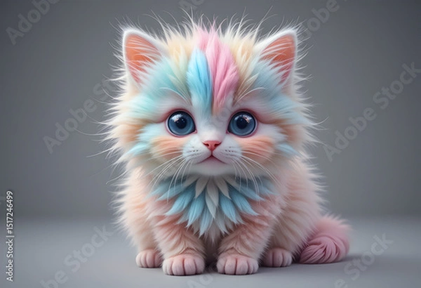 Obraz Fluffy Pastel-Colored Kitten Plush Toy with Blue and Pink Fur