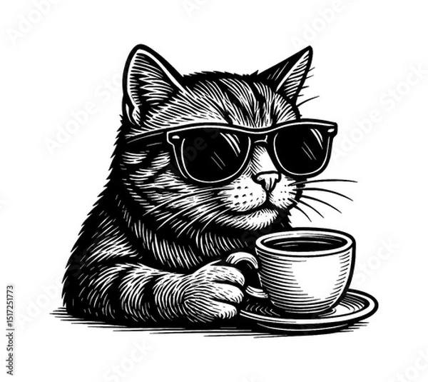 Fototapeta Cool Cat with Sunglasses Holding a Cup of Coffee in Black and White Detailed Line Art Drawing