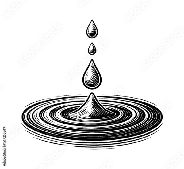 Fototapeta Water Drops Falling into Ripple Water Surface in Engrave Style Black and White Vector