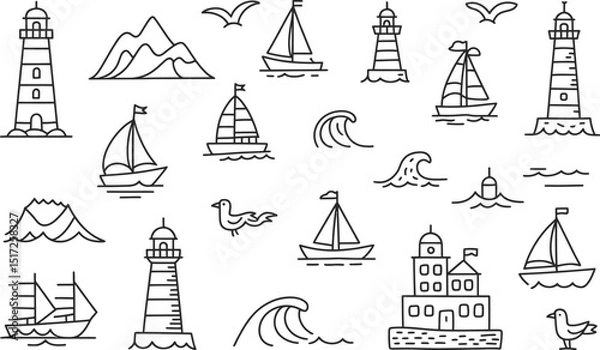 Fototapeta Nautical elements set featuring lighthouse sailboats waves birds mountains and buildings in simplified black and white