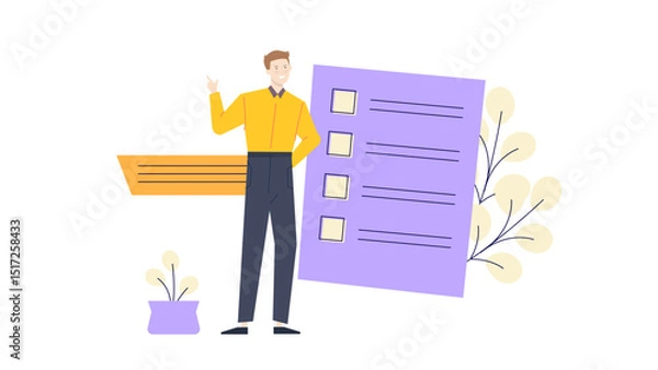 Fototapeta Man points to a checklist with four boxes, suitable for productivity, organization, task management, completion tracking, and goal setting concepts.