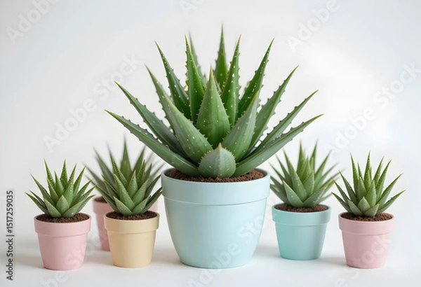 Obraz Aloe Vera Plant with Small Succulents in Pastel Pots