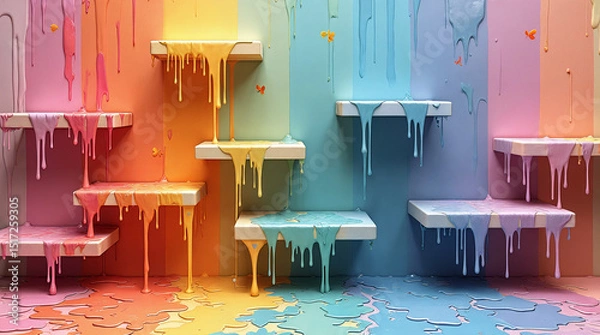 Fototapeta Colorful dripping paint on shelves against a vibrant gradient background for artistic designs 