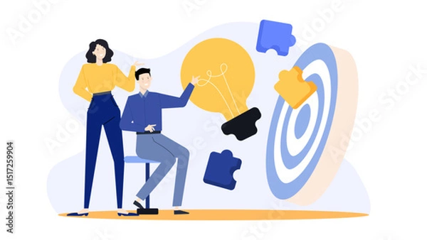 Obraz Two people pointing to a lightbulb near a target. Suitable for business goals, teamwork, idea generation concepts in designs.