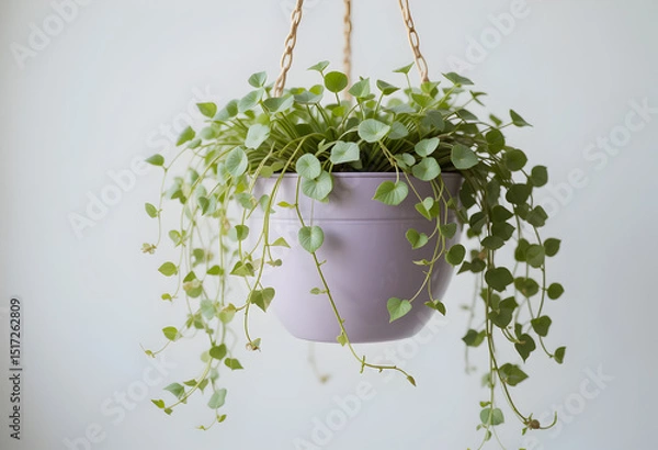Obraz Hanging Indoor Plant with Trailing Green Leaves in Purple Pot

