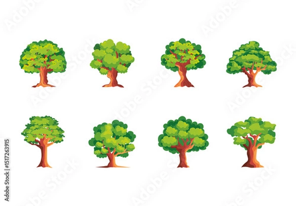 Fototapeta Green And Brown Oak Nature Forest Botanical Tree Illustrations Set