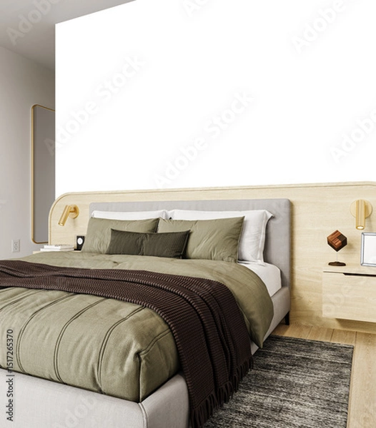 Fototapeta Minimalist Bedroom Wall Cutout – Close-Up Right Side with Textured Bedding – PNG transparent background – 3D render